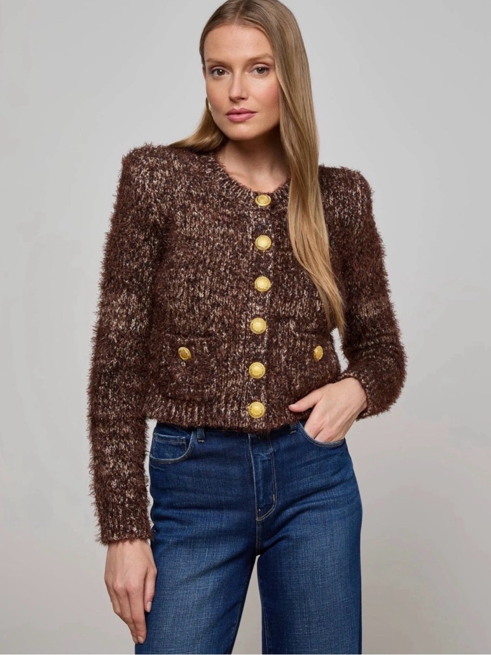 L'Agence Una Chocolate Multi Fuzzy Cardigan